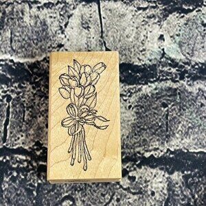Imagine That Tulip Flower Bouquet Ribbon F067 Wood Mounted Rubber Stamp